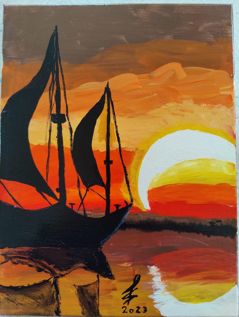 Farverigt maleri af sejlskibe i silhuet på havet foran en stor nedgående sol.