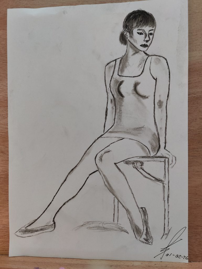 Blyantstudie af en kvinde siddende på en skammel.