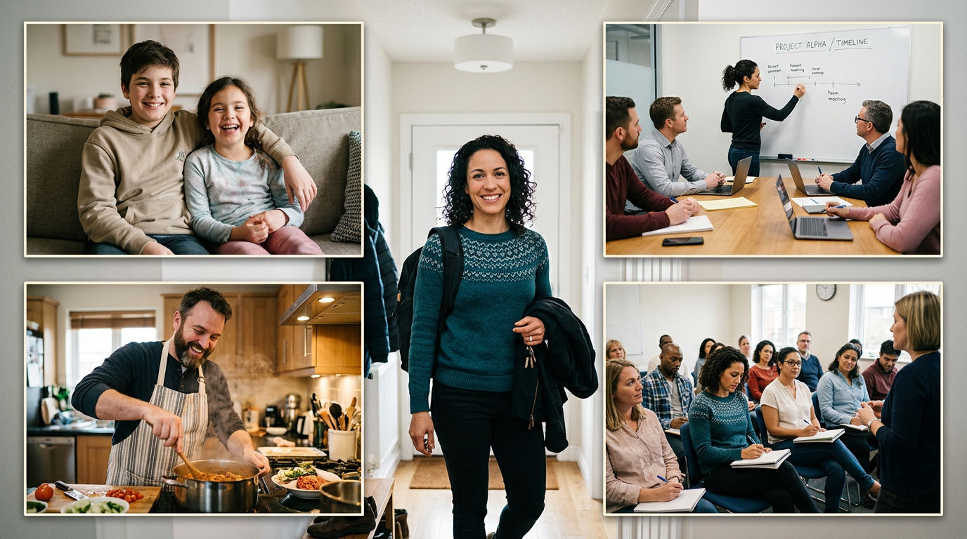 Collage af en kvinde i forskellige faser af voksenlivet sammen med billeder af familieliv, arbejde og undervisning.