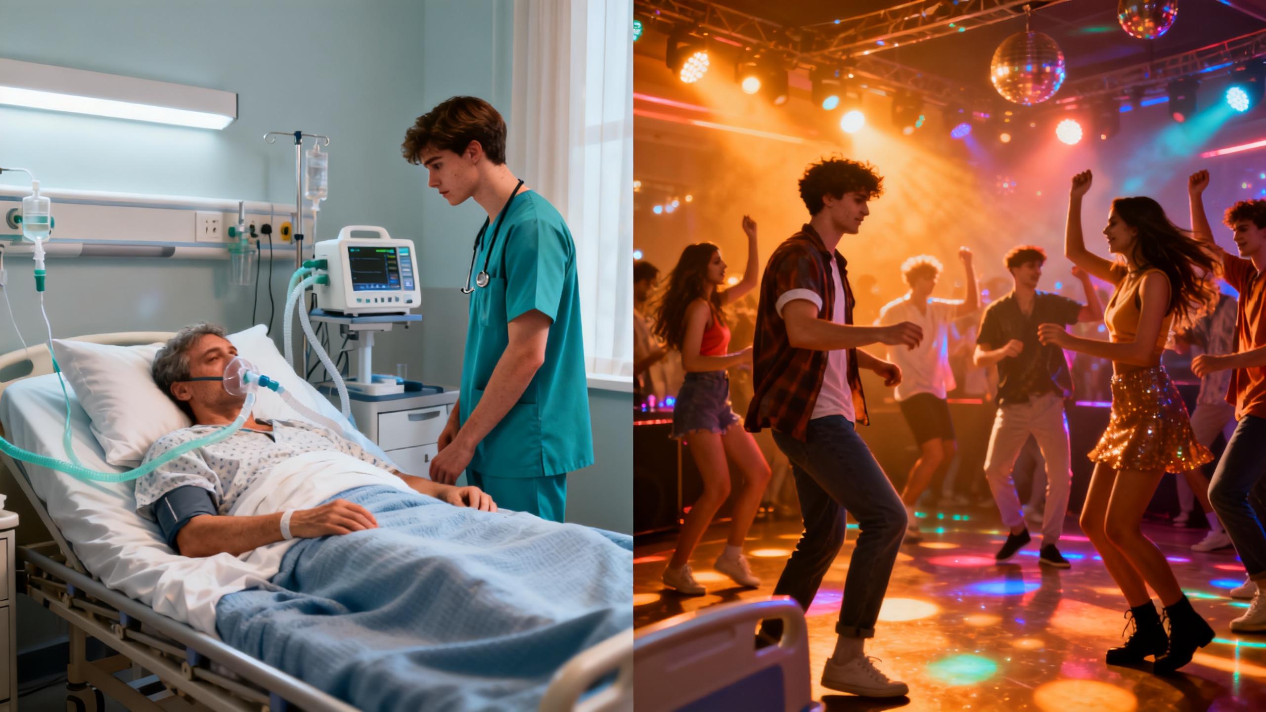 Et todelt billede med behandling af en patient på et hospital over for unge mennesker, der danser til en fest.